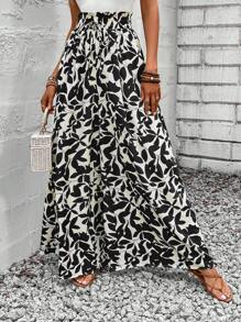 SHEIN LUNE Romantic Women Tie Waist Wide Leg Plant Printed Loose Casual Pants With Frill Trim For Summer Vacation