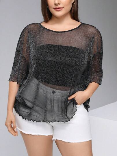 SHEIN Essnce Blusa camiseta de verano talla grande, cubre para verano, piscina, festivales de música, ropa de concierto country, camiseta crop para festivales, camiseta negra para la playa