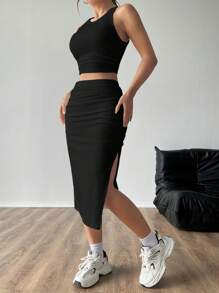 SHEIN EZwear 女士純色極簡風日常夏季坦克背心和側開叉包身裙2件套裝 - 黑色 - 查看 4