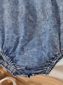 Baby Girl Casual Comfortable Embroidered Flower Denim Bodysuit With Butterfly Sleeves