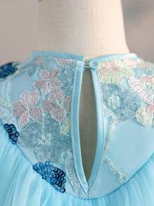 SHEIN Young Girls' Loose Cute Sequin Lace Splice Ruffle Hem Mesh Dress - Blue - View 8