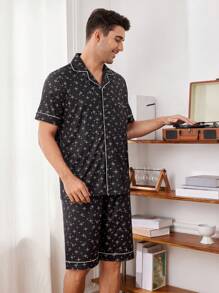 Men's Star Printed Single Breasted Short-Sleeved Top And Plaid Shorts Casual Home Suit Set