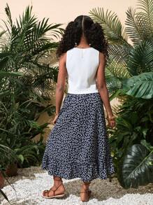 SHEIN Tween Girl casual lente/zomer gebreide mouwloze tanktop met vrolijke gebloemde rokset met ruches