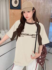 DAZY Camiseta de manga corta y cuello redondo para mujer con diseño en patchwork, camiseta de verano oversize, camisetas gráficas