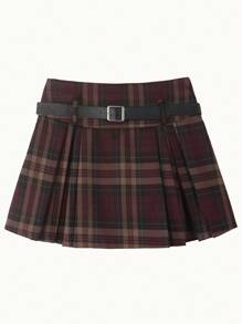 High Waist Plaid Skirt With Color Block And Pleats (With Waist Belt) - Red - View 2