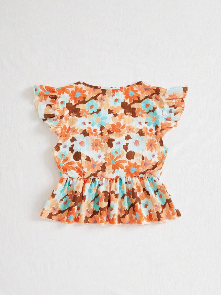 Women's Summer Casual Drawstring Ruffle Hem Blouse With Mini Ditsy Floral