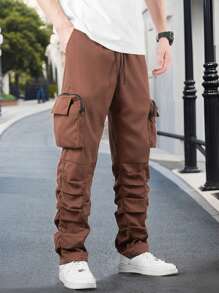Manfinity Homme Pleated Zipper & 3d Pockets Design Men's Pants - Brown - View 6