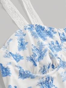 SHEIN MOD Blue & White Vintage Floral Contrast Lace-Up Plus Size Women Cami Top For Summer