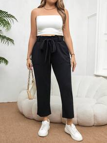 SHEIN Essnce Pantalones negros de lápiz con cinturón de lazo de talla grande para mujer, de moda y cómodos para ocasiones casuales y en el hogar - Negro - Ver 6