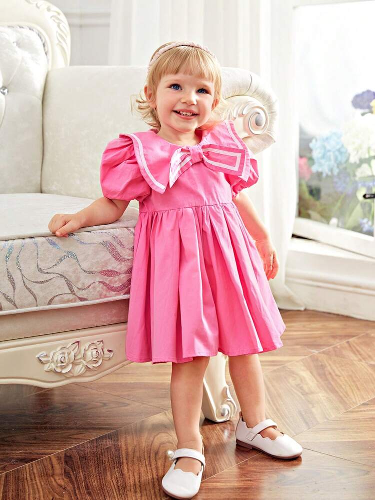 DRMZ Baby Girl Baby Girl Casual Color Block Short Sleeve Dress With Bow-Knot Collar For Summer Vacation