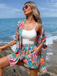 SHEIN VCAY Vacation Beach Plant Printed Short Sleeve Shirt And Shorts 2pcs/Set - Multicolor - View 3