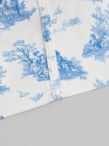 SHEIN MOD Blue & White Vintage Floral Contrast Lace-Up Plus Size Women Cami Top For Summer