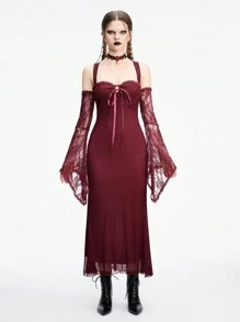 ROMWE Goth Đầm ôm body phối ren tay loe lưới viền đuôi cá tương phản dành cho nữ - Đỏ - Xem 1