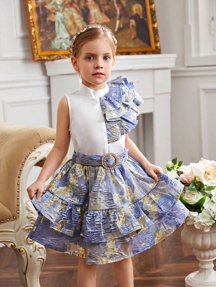 Young Girl Stand Collar Layered Ruffle Sleeveless Blouse Jacquard A-Line Skirt Two Pieces Outfit