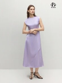 BizChic Đầm nữ cổ tròn không tay màu trơn thanh lịch mùa hè - Màu tím hoa cà - Xem 9