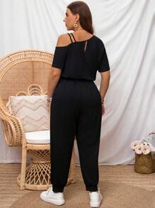SHEIN LUNE Mono de talla grande sin hombros con mangas cortas y cintura ajustable con corbata con pantalón largo negro, primavera/verano