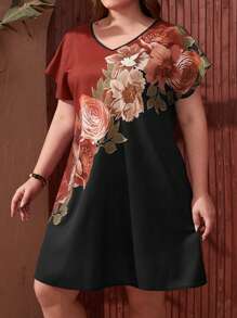EMERY ROSE Plus Floral Print Colourblock Dolman Sleeve Tunic Dress - Multicolor - View 3