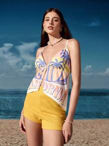 Garabateo 艺术家度假休闲印花短款吊带背心，适合女士、假期、节日 - 彩色 - 查看 1