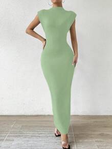 SHEIN Privé Robe de soirée à col droit et simple pour femmes, couleur unie et courte pour l'été - Vert - Voir 3