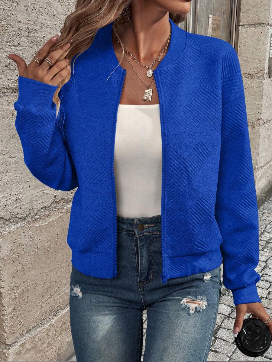 EMERY ROSE 女士休閒紋理拉鍊前開長袖夾克 - 藍色 - 查看 1