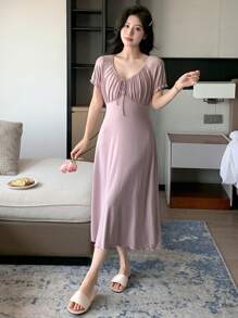 DAZY Women's Japanese-Style Drawstring Nightgown With Large Collar And Wood-Ear Edges