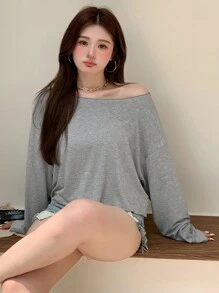 Dazy Petite Plus Camiseta de manga larga casual y holgada para mujer de talla grande con cuello asimétrico de unicolor para primavera/verano