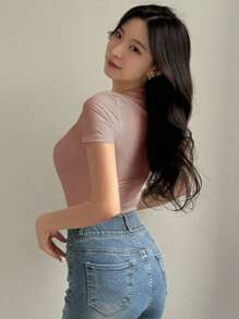 DAZY Áo thun nữ ngắn tay dáng ôm vừa vặn màu trơn thường ngày mùa hè - Màu Khaki - Xem 2