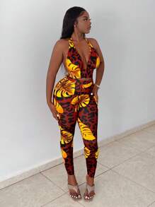 Slaydiva Vacation Summer Tropical Printed Halter Backless Crop Top  And Tropical Printed Leggings Set - Multicolor - View 5