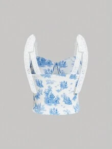 SHEIN MOD Blue & White Vintage Floral Contrast Lace-Up Plus Size Women Cami Top For Summer
