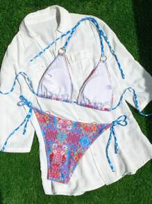 SHEIN Swim Conjunto de bikini de dos piezas con estampado floral aleatorio, cuello de halter y sexy, para vacaciones de verano de mujer - Multicolor - Ver 7