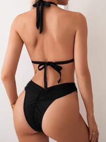 SHEIN Swim 女士實色頸掛式性感比基尼套裝，適用於度假 - 黑色 - 查看 2