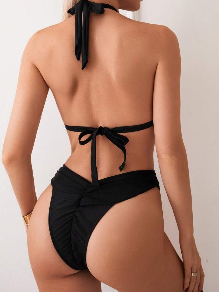 Women's Solid Color Halter Neck Tie Sexy Bikini Set For Vacation,Summer Beach
