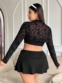 SHEIN EZwear Áo croptop siêu ngắn cổ đứng bằng vải lưới họa tiết hoa màu đen dành cho nữ cỡ lớn mùa hè. - màu đen - Xem 2