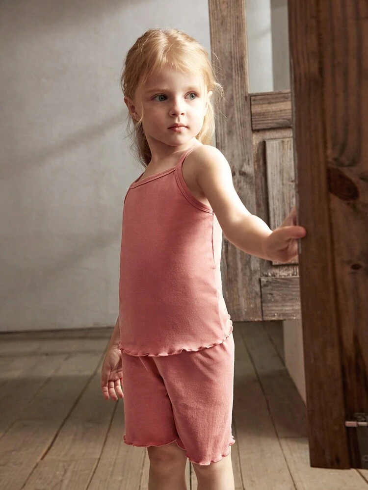 Young Girl Solid Color Soft Knitted Camisole Top And Casual Shorts, 2pcs/Set With Scallop Edge Trim