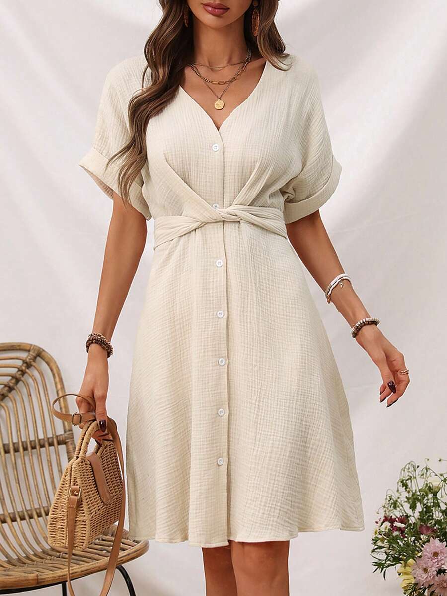 SHEIN LUNE Plus Size Women's Solid Color Batwing Sleeve Twist Front Waist Dress Fall Clothes Comfortable - Apricot - View 1
