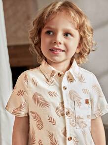 Cozy Pixies Young Boy Daily Comfortable Casual Set, Leaf Pattern Lapel Short Sleeve Shirt And Solid Color Shorts