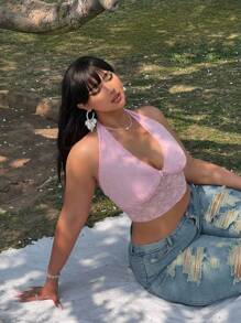 Flirla Top scollato con collo all"americana in pizzo per donne taglie forti - Rosa - Visualizzare 4