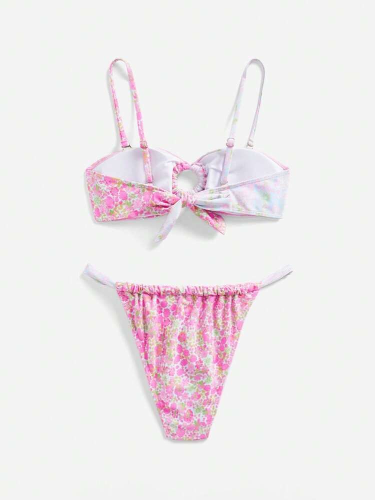Women Summer Beach Vacation Ditsy Floral Print Ring Detail Tie Back Bikini Set, Mommy And Me Matching Outfits (Sold Separately)