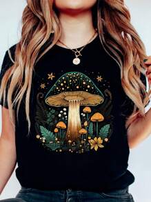 INAWLY Women's Summer Mushroom Printed Round Neck Short Sleeve Casual T-Shirt Graphic Tees Women Tops - Black - View 1