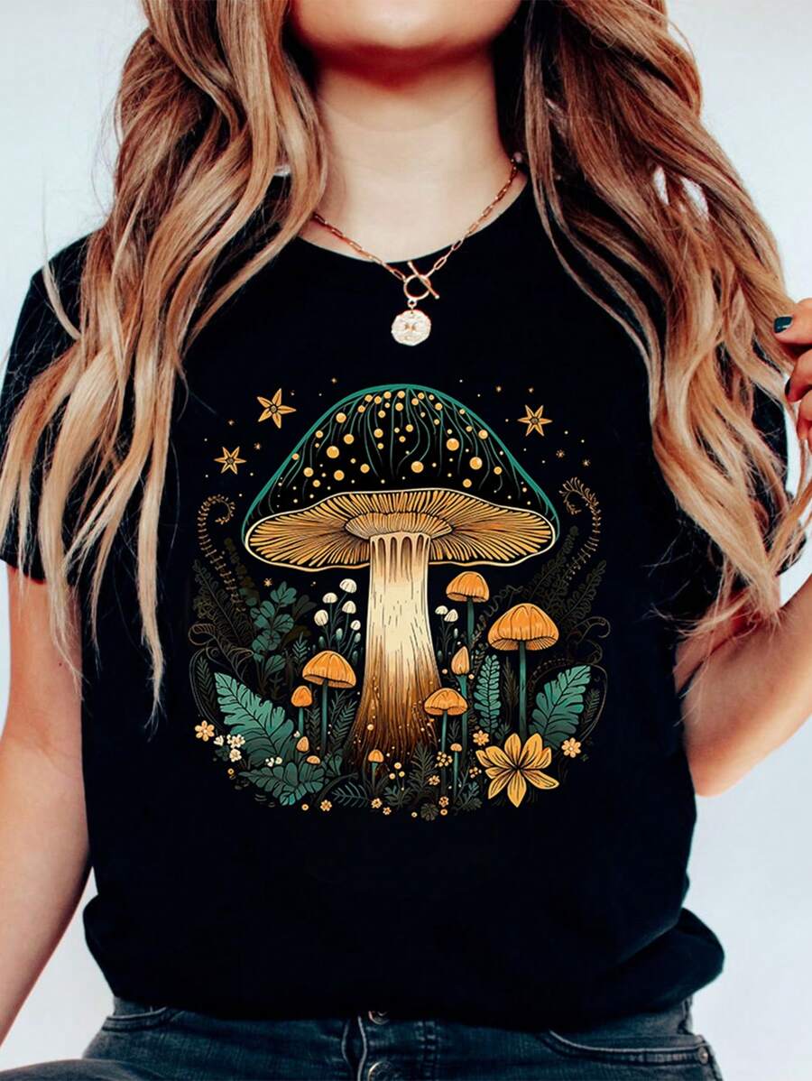 INAWLY Women's Summer Mushroom Printed Round Neck Short Sleeve Casual T-Shirt Graphic Tees Women Tops - Black - View 1
