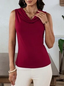 EMERY ROSE Elegant Wine Red Sleeveless Women Blouse With Collar, Perfect For Office Wear