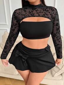 SHEIN EZwear Áo croptop siêu ngắn cổ đứng bằng vải lưới họa tiết hoa màu đen dành cho nữ cỡ lớn mùa hè. - màu đen - Xem 6