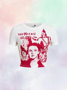 The Wizard of Oz X SHEIN Women White Crop Top With Portrait Print And Slim Fit,Baby Tees Woman - White - View 6