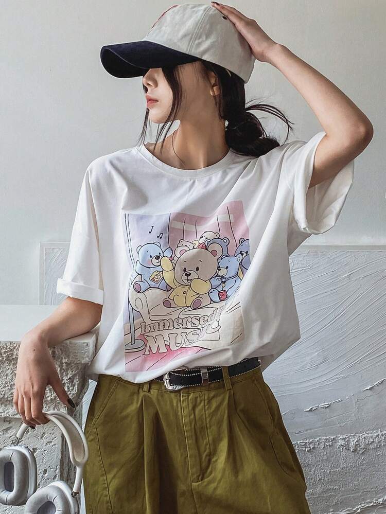 Women's Summer Casual Short Sleeve T-Shirt With Bear And Letter Print