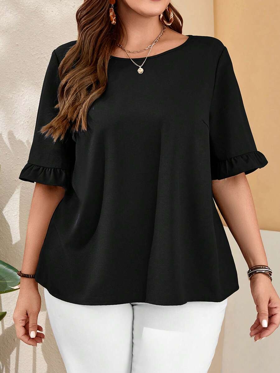 EMERY ROSE Plus Size Nữ Cổ Tròn Vừa Vặn Tay Loe Áo Sơ Mi Mẹ Màu Xanh Cho Mùa Xuân - màu đen - Xem 1