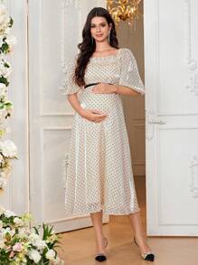 SHEIN Đầm bà bầu cổ vuông thanh lịch & trẻ trung dài tay ôm sát bà bầu cho ngày lễ - Màu be - Xem 4