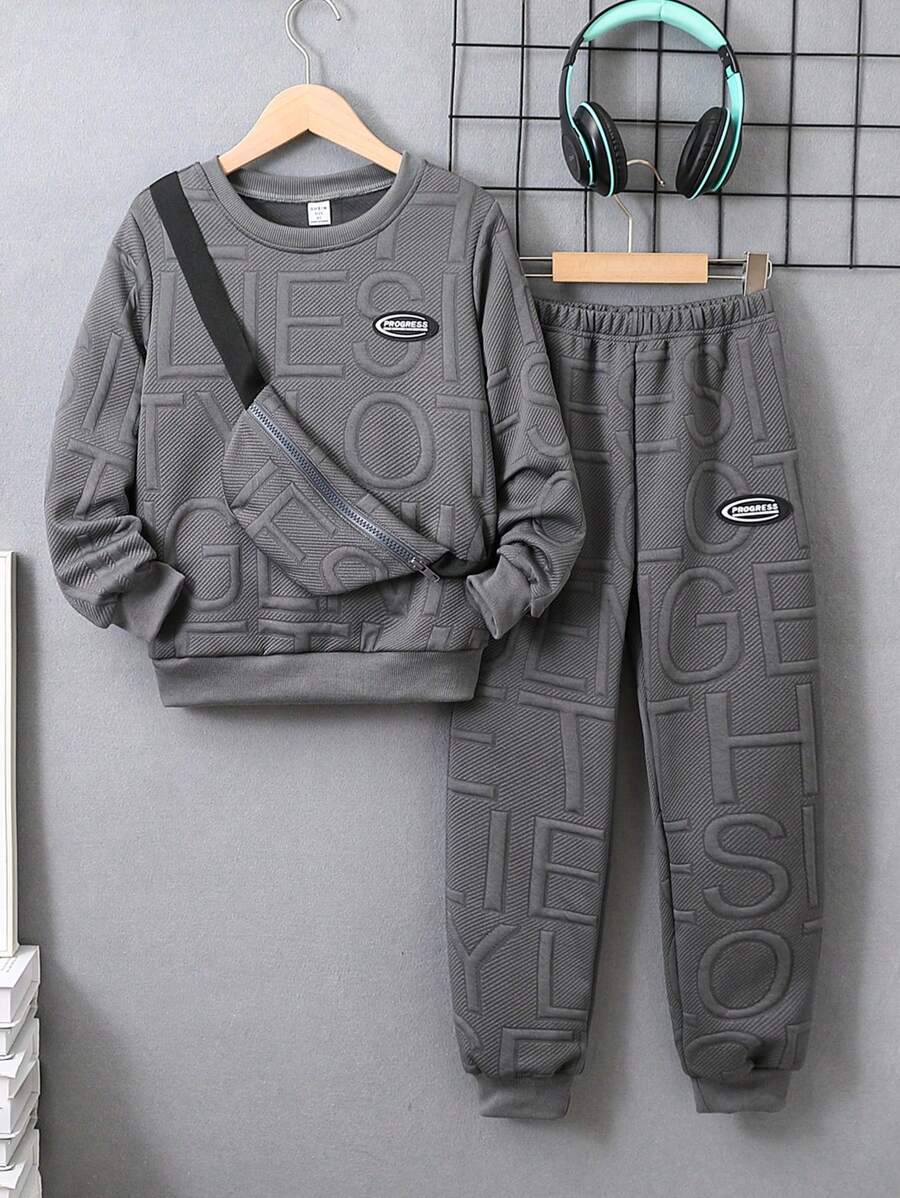 SHEIN Tween Boy Letter Texture Fabric Hoodie Sweatpants Backpack Set Chic Outfits For Autumn/Winter - Grey - View 1