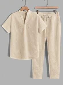 Manfinity VCAY Loose Fit Men Notched Neck Top & Drawstring Waist Pants - Khaki - View 1