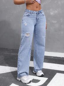 SHEIN EZwear Ladies' Plain And Simple Loose Fit Ripped Daily Jeans Summer Outdoor