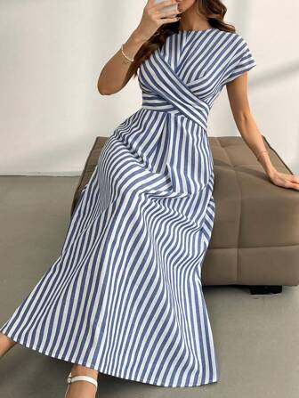 Firerie Women Plain Cross-Front Blue And White Striped A-Line Dress